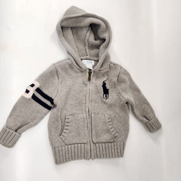 Ralph Lauren Full Zip Knit Hoodie Jumper Sweater Pony Logo Baby Boy 9M Gray Luxe - Picture 1 of 6